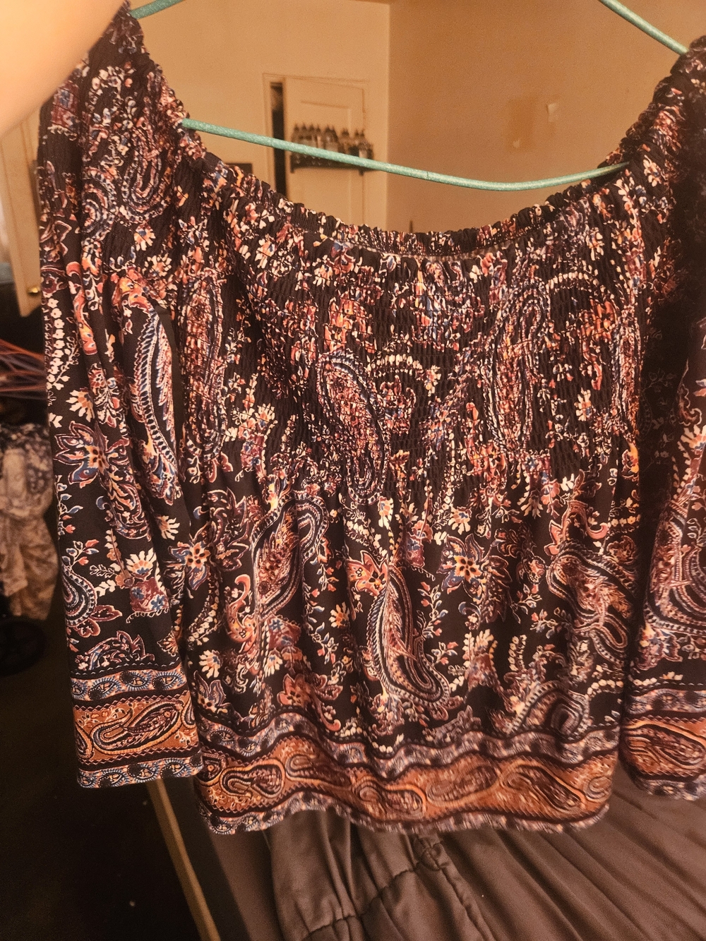 Xhilaration Navy Off-Shoulder Paisley Crop Top with Coral and Cream Accents